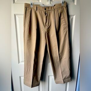 Men's Haggar Tan Chino Pants pleated front. No iron. 36 x 29
